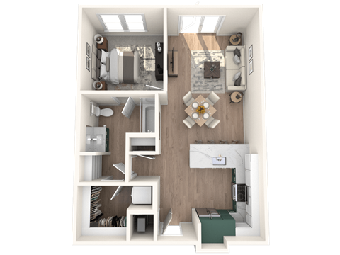 A 3D floor plan of a small apartment with a kitchen, living room, and bathroom.